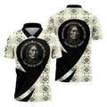 A polo shirt with a Native American-inspired design featuring an elder and the quote, 