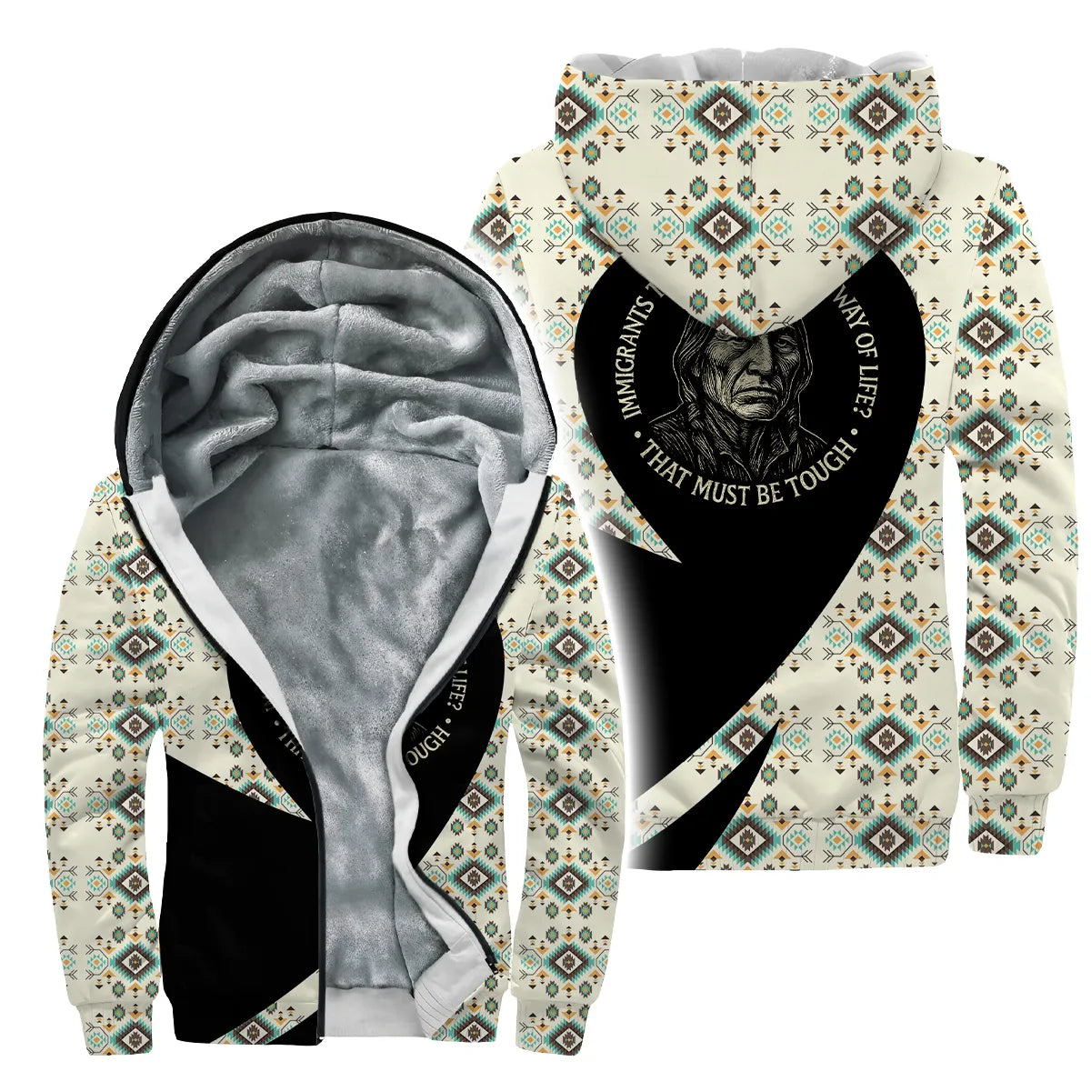 A velvet-textured jacket with a Native American-inspired design featuring an elder and the quote, "Immigrants Threatening Your Way of Life? That Must Be Tough."