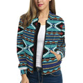  A female model wearing the Native American-inspired fleece jacket over a casual outfit, highlighting the vibrant tribal motifs, form-fitting silhouette, and cultural fusion of modern fashion with heritage design.