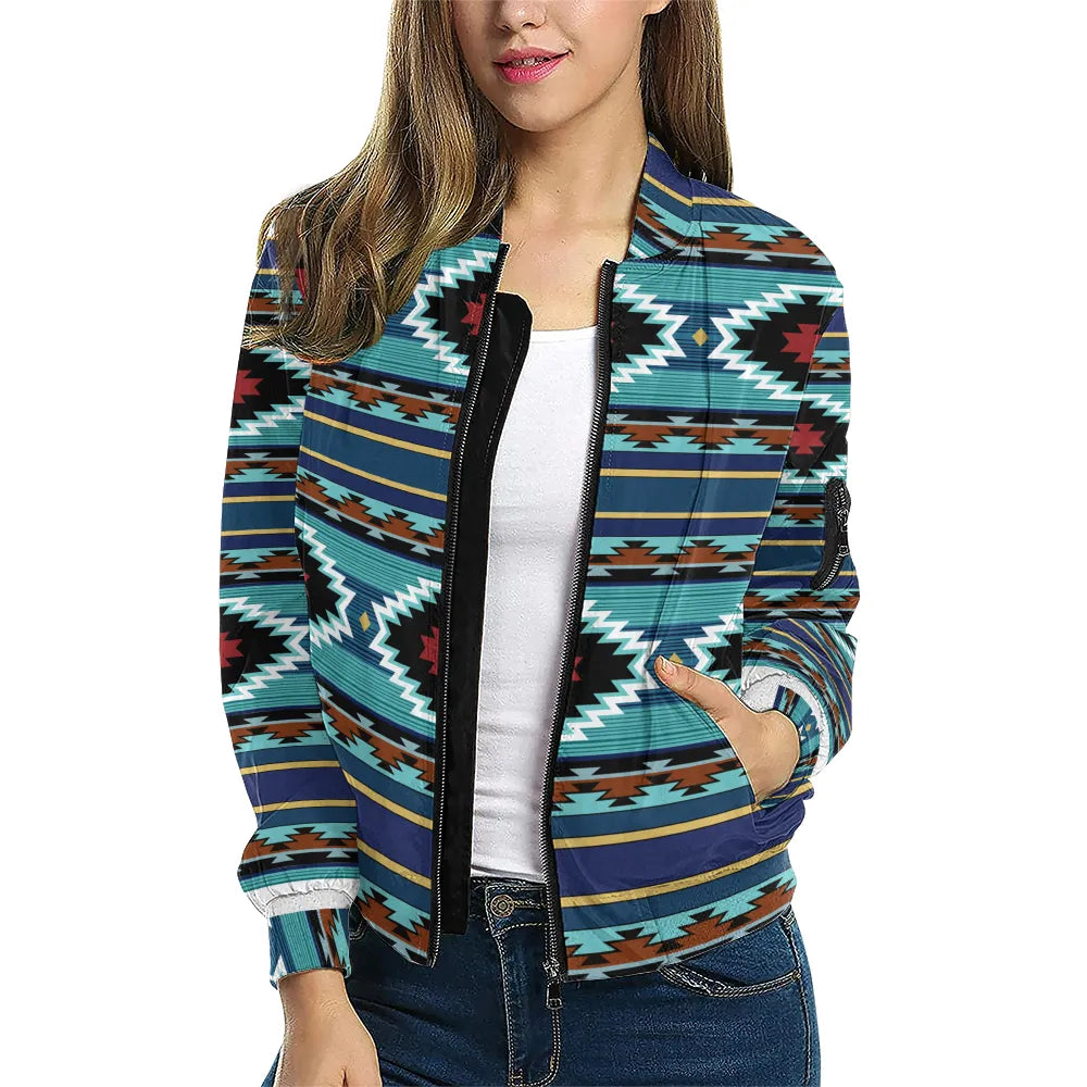  A female model wearing the Native American-inspired fleece jacket over a casual outfit, highlighting the vibrant tribal motifs, form-fitting silhouette, and cultural fusion of modern fashion with heritage design.