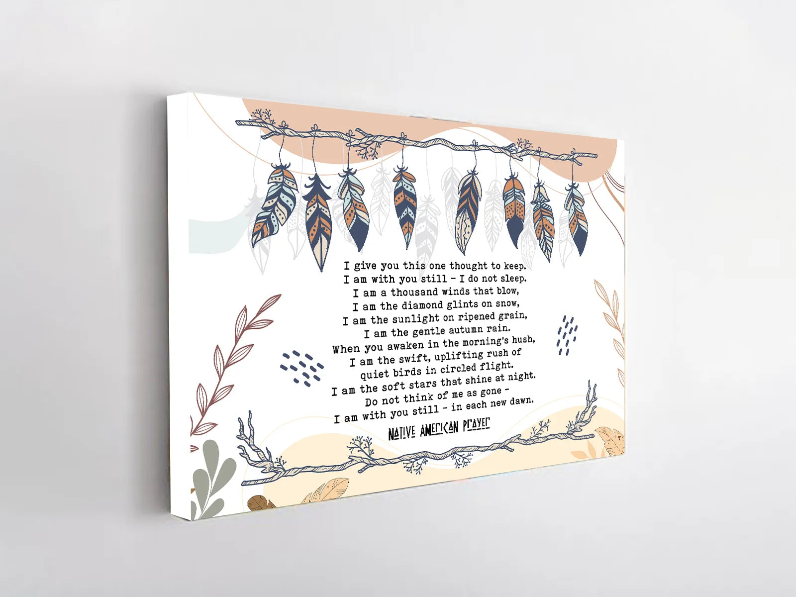 Large Native American Prayer print on wall with feather design