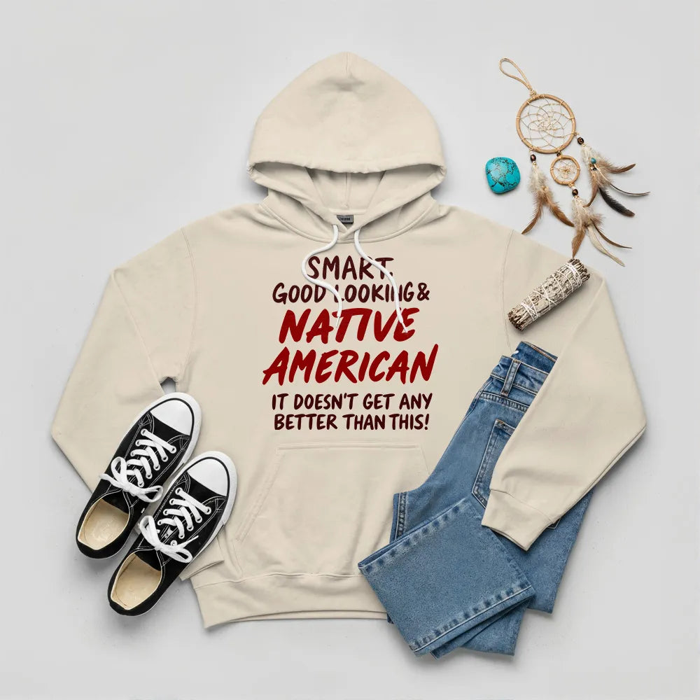Beige hoodie with a Native American-inspired design, representing heritage, wisdom, and pride.