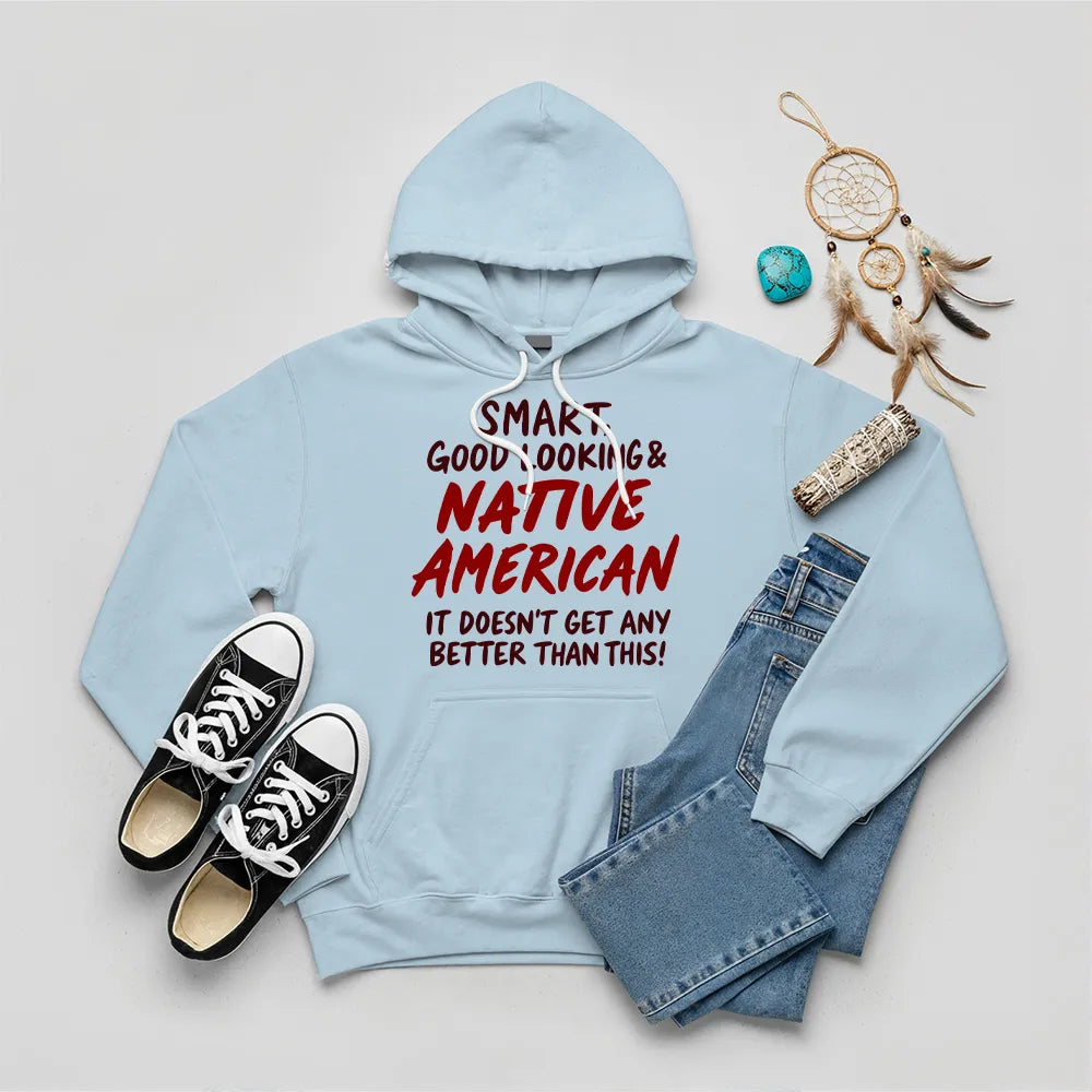 Blue hoodie featuring a Native American-inspired design, representing honor, pride, and heritage.