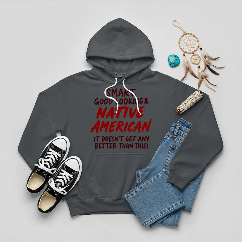 Beige hoodie with a Native American-inspired design, representing heritage, wisdom, and pride.