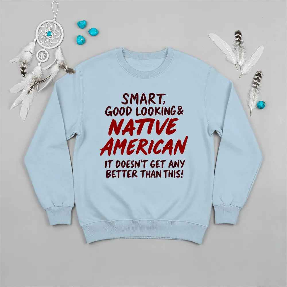 Blue sweatshirt with Native American-inspired design, reflecting heritage, honor, and cultural pride.