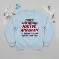 Blue sweatshirt with Native American-inspired design, reflecting heritage, honor, and cultural pride.