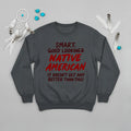 Charcoal sweatshirt featuring a Native American quote and bold artwork, representing strength and honor.