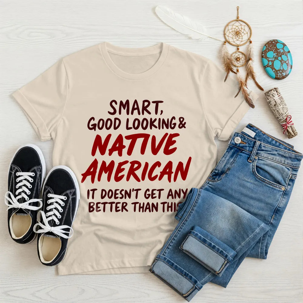 Beige T-shirt with Native American artwork, symbolizing respect for heritage and cultural pride.