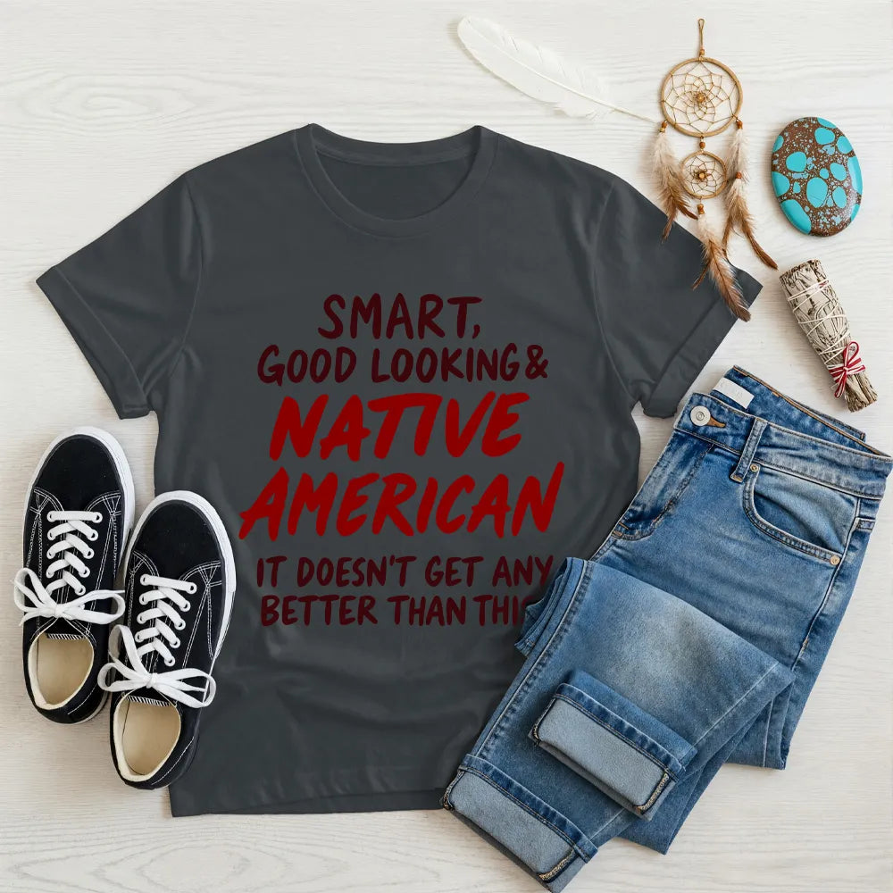 Beige T-shirt with Native American artwork, symbolizing respect for heritage and cultural pride.