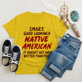 Yellow T-shirt with Native American-inspired artwork and quote, symbolizing empowerment and cultural pride.