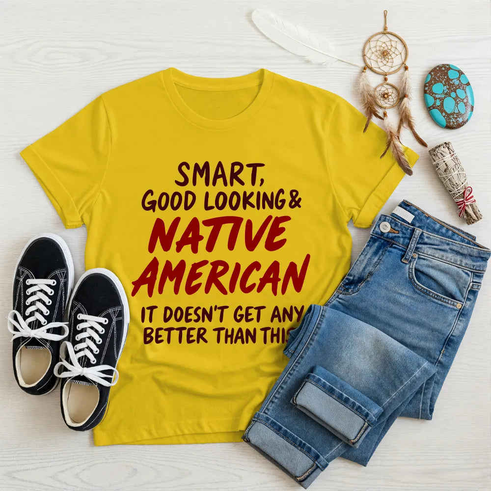 Yellow T-shirt with Native American-inspired artwork and quote, symbolizing empowerment and cultural pride.