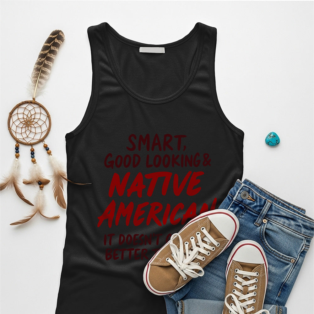 Black tank top with bold Native American quote and design, reflecting strength and honor.