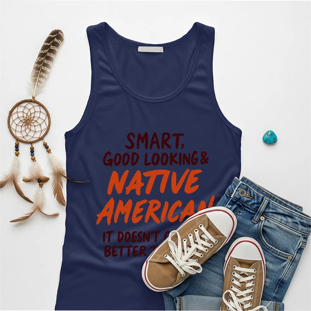 White tank top featuring Native American quote and tribal artwork, symbolizing cultural pride and empowerment.