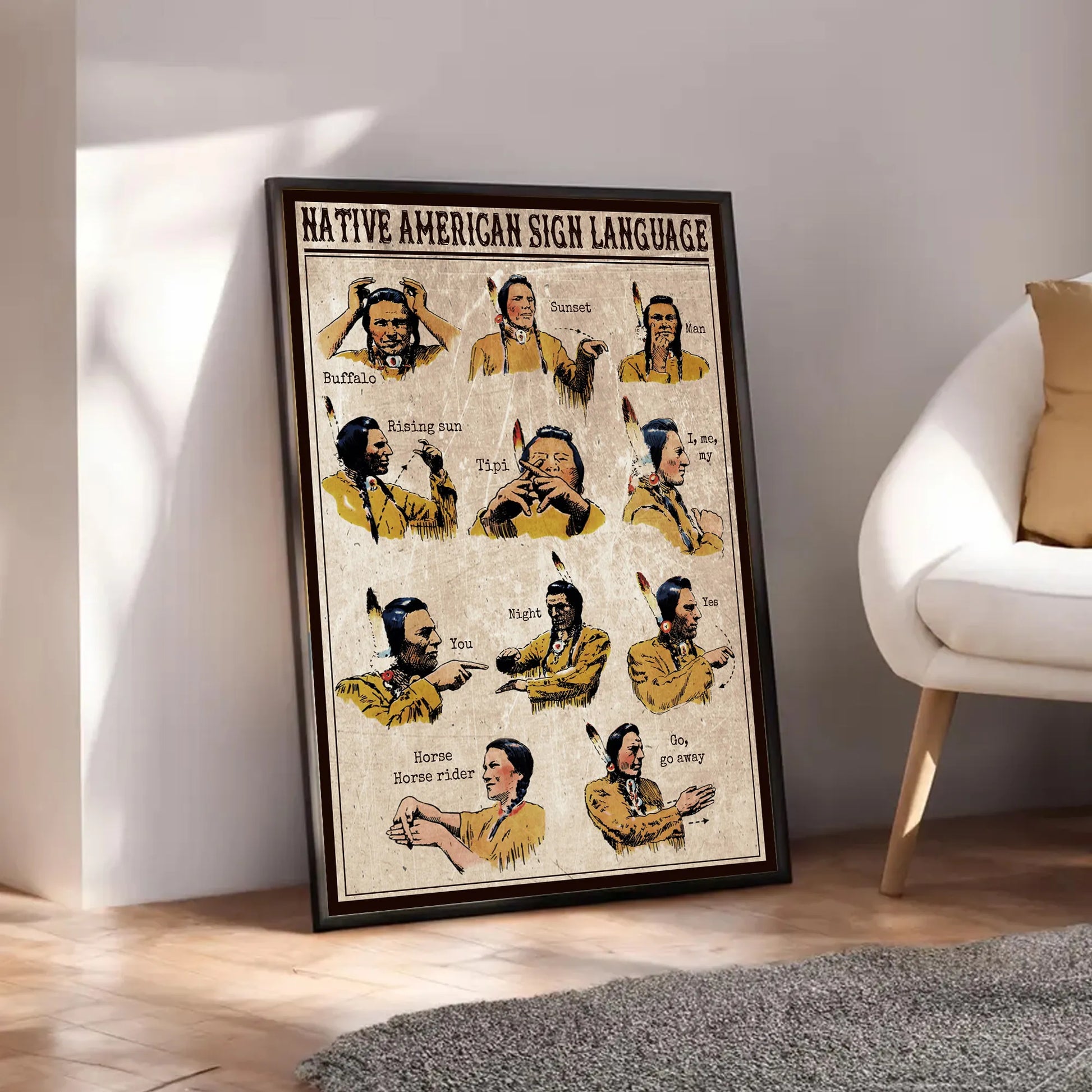 Poster showcasing Native American sign language, honoring cultural traditions and communication.