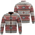 A bomber jacket adorned with characteristic Native American Southwestern Navajo patterns, offering a strong and distinctly indigenous look. The jacket features a front zipper closure and convenient side pockets, ideal for outdoor activities or a unique street style.