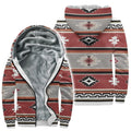 A thick, warm fleece-lined hoodie showcasing the Southwestern Navajo pattern. The soft fleece lining provides effective warmth during chilly days or winter. This hoodie, with its hood and practical zipper, is suitable for both men and women.