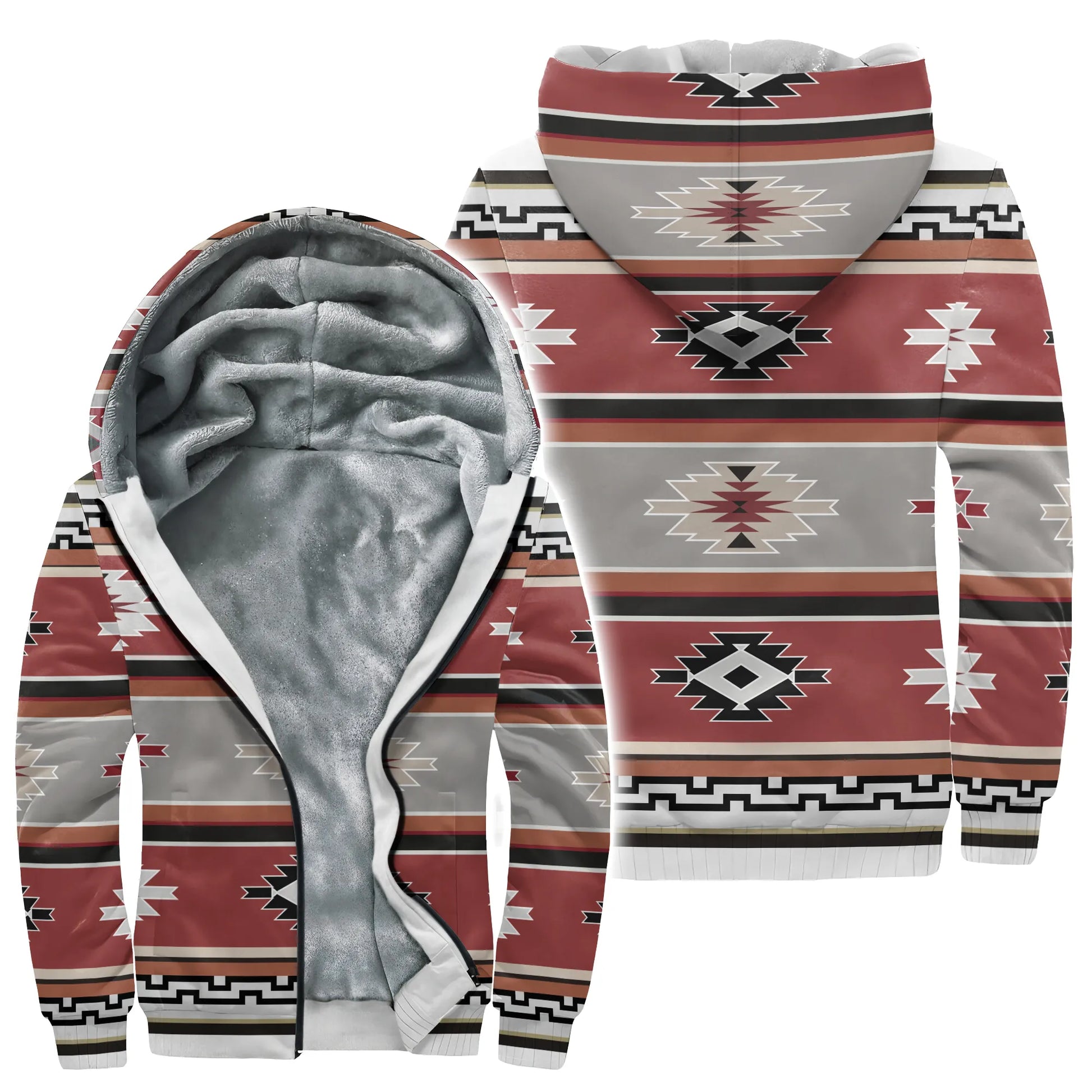 A thick, warm fleece-lined hoodie showcasing the Southwestern Navajo pattern. The soft fleece lining provides effective warmth during chilly days or winter. This hoodie, with its hood and practical zipper, is suitable for both men and women.