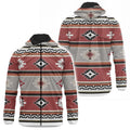 A hooded windbreaker jacket featuring a prominent Southwestern Navajo pattern. Its lightweight and lightly water-resistant design makes it ideal for outdoor activities like hiking, camping, or travel when convenience and protection from the elements are needed.