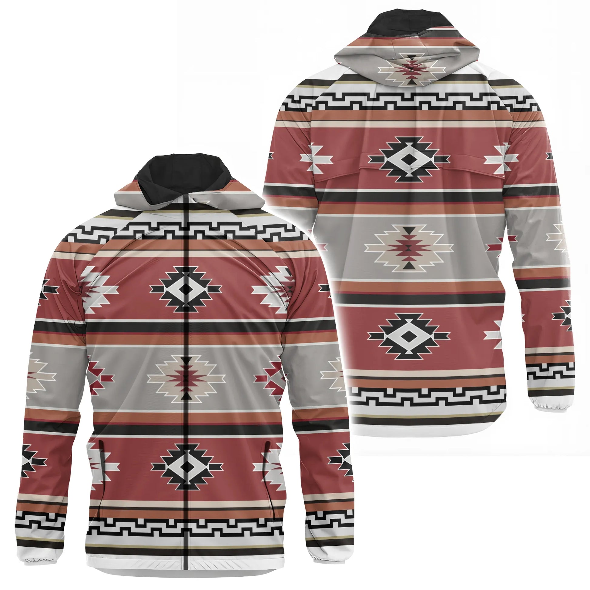 A hooded windbreaker jacket featuring a prominent Southwestern Navajo pattern. Its lightweight and lightly water-resistant design makes it ideal for outdoor activities like hiking, camping, or travel when convenience and protection from the elements are needed.