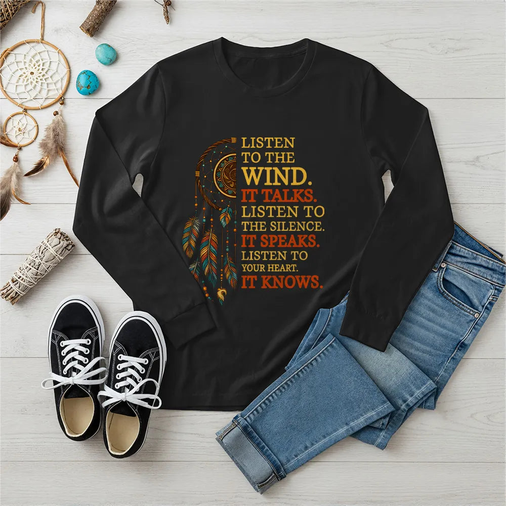 White Native American spirit long sleeve tee showing dreamcatcher and motivational quote