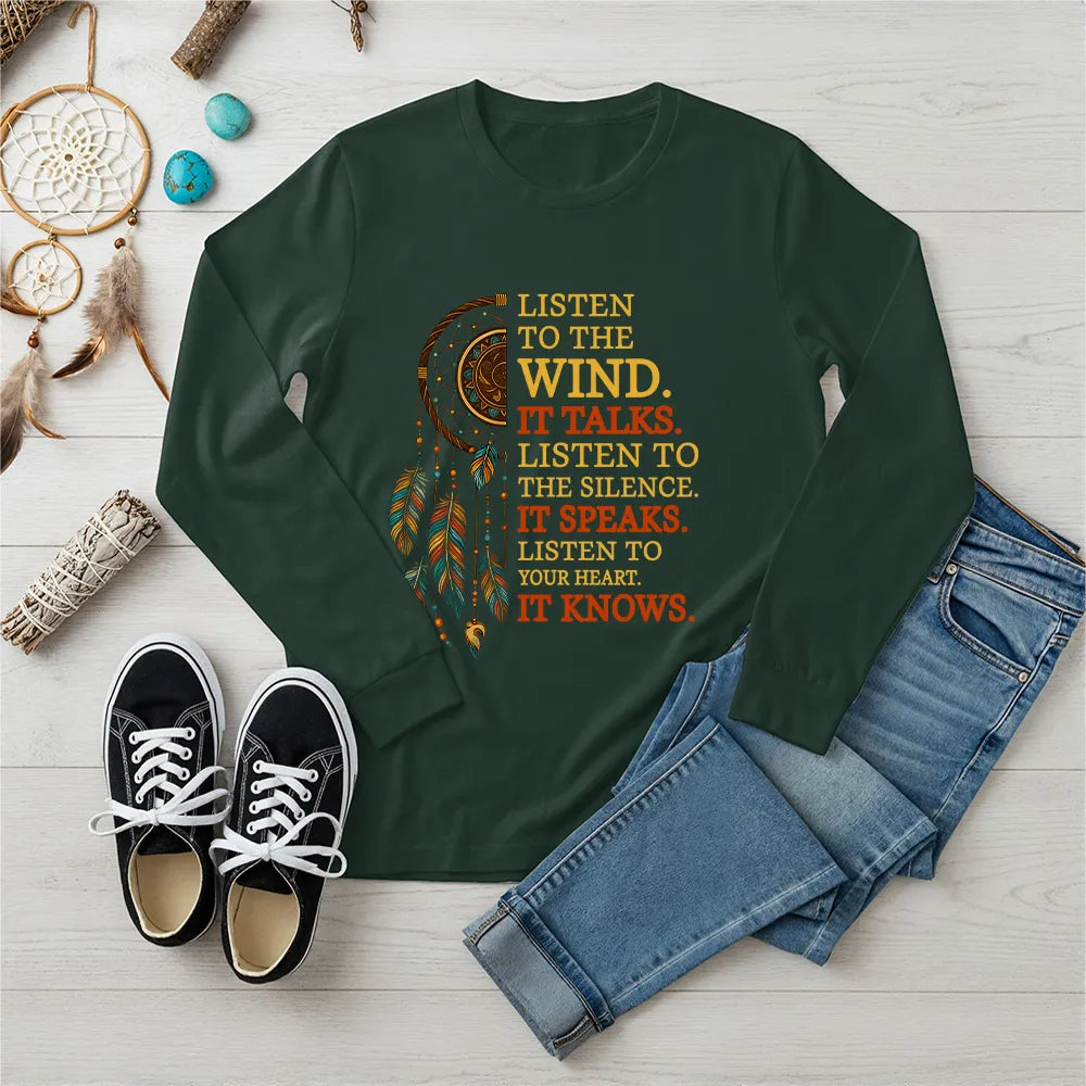 Dark green Native American spirit long sleeve tee featuring dreamcatcher and quote