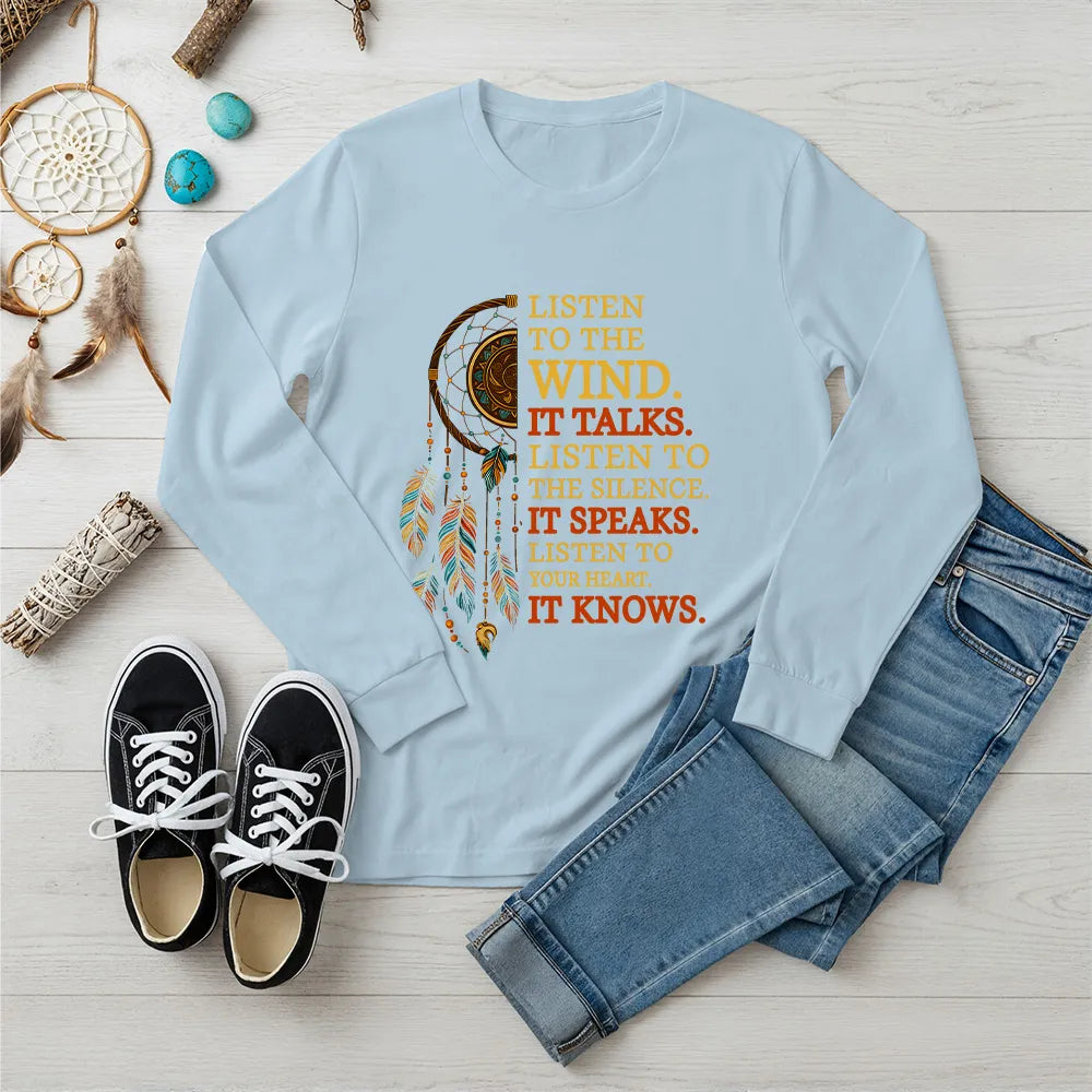 Light blue Native American spirit long sleeve tee with dreamcatcher and motivational quote