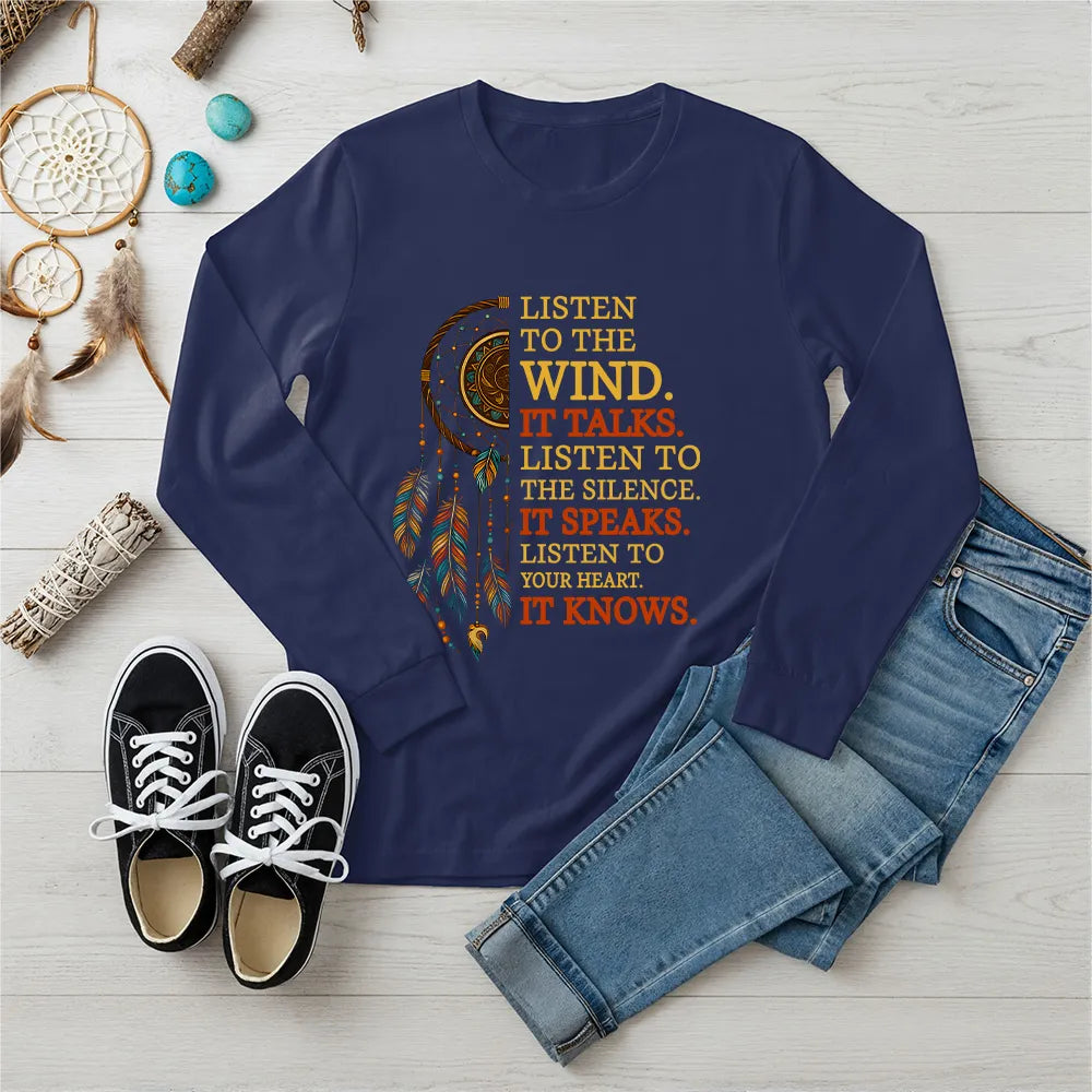 Navy blue long sleeve tee featuring Native American spirit design with dreamcatcher and quote