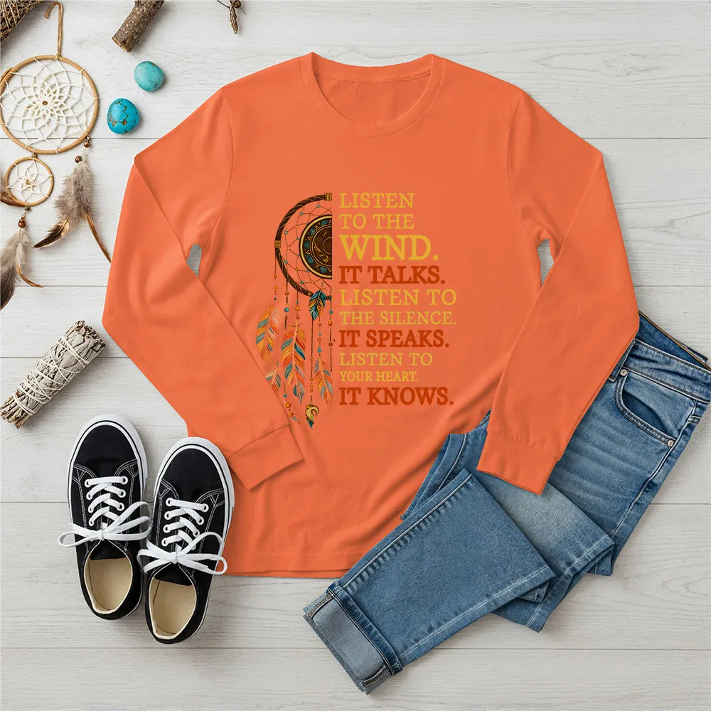 Orange Native American spirit long sleeve tee with dreamcatcher and inspiring quote