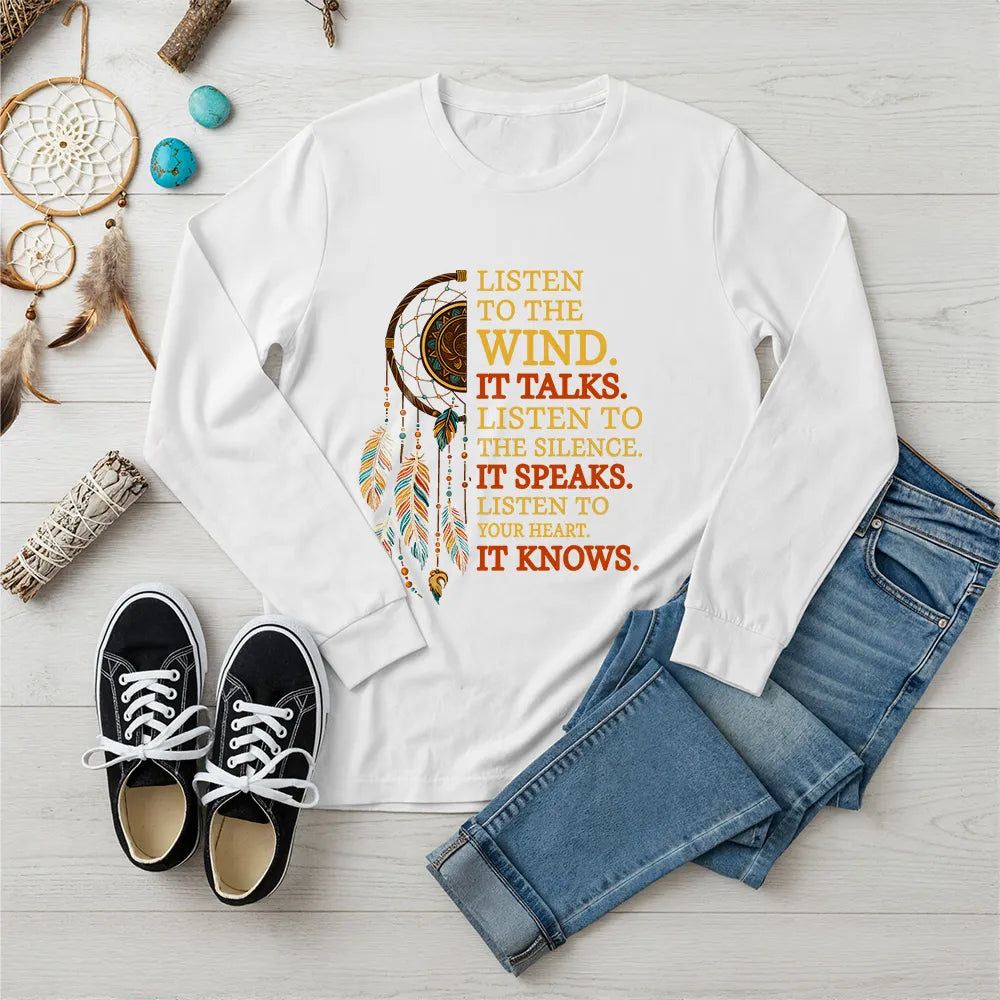White Native American spirit long sleeve tee showing dreamcatcher and motivational quote