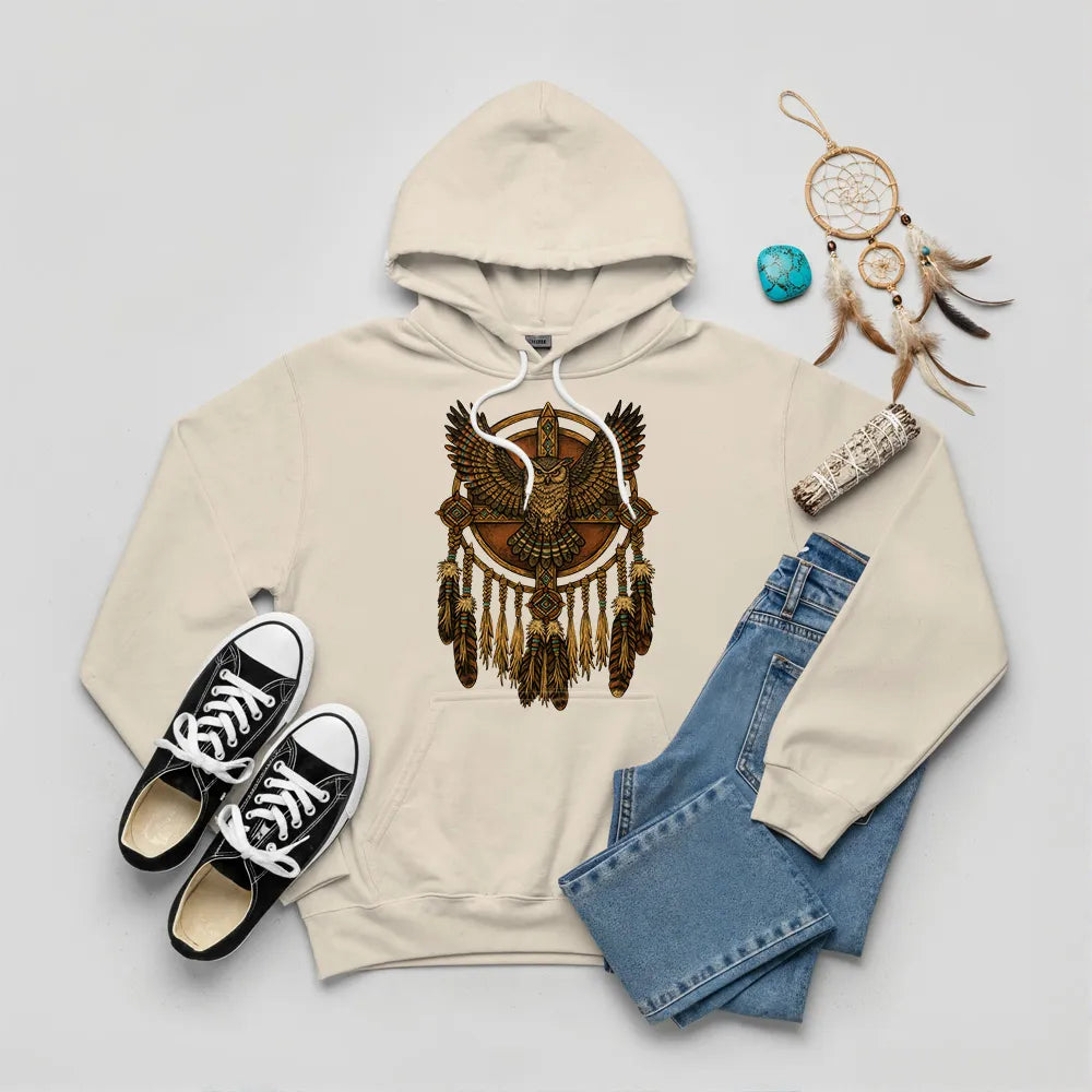 Beige hoodie with an owl and dreamcatcher design, embodying Native cultural symbols of peace and guidance.