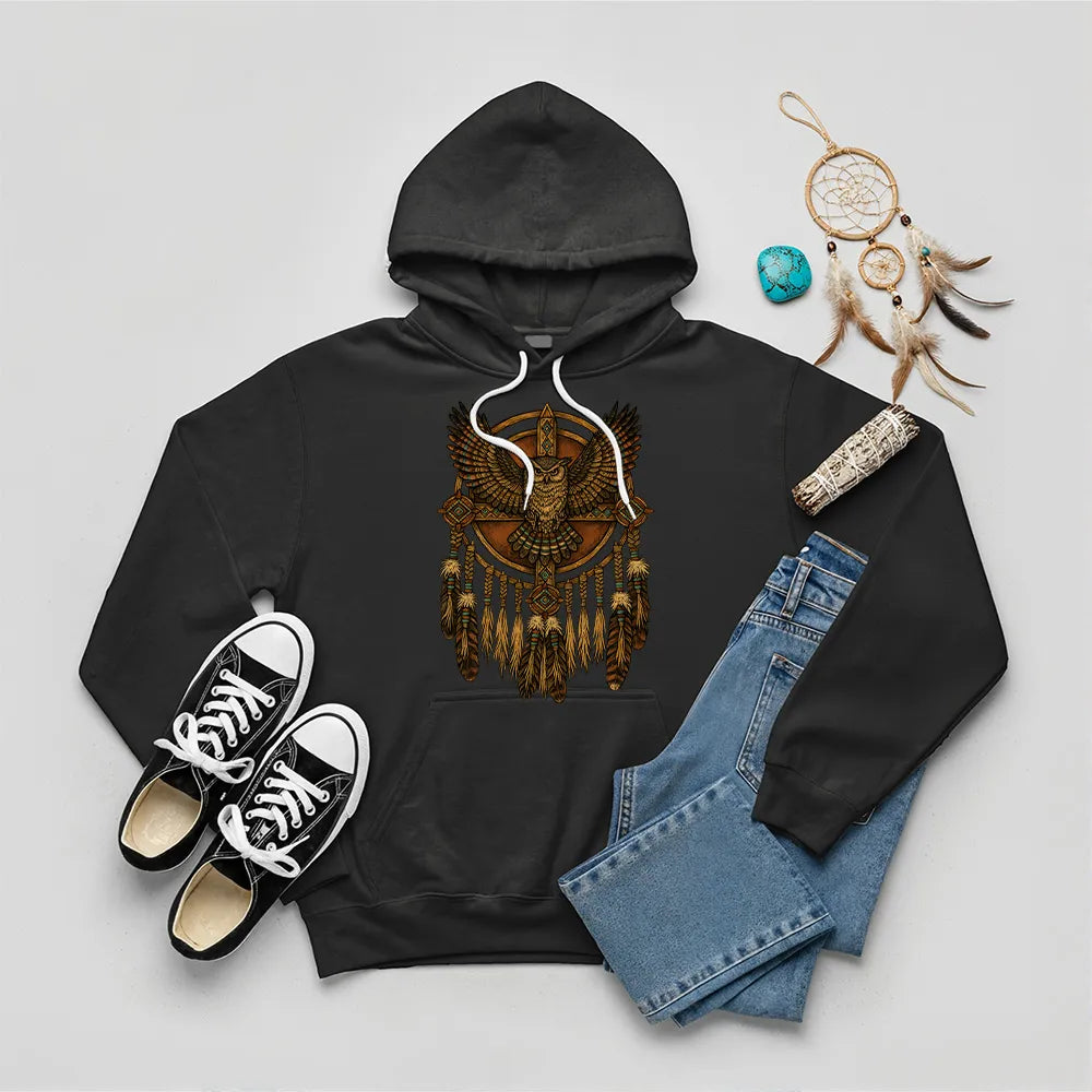 Black hoodie featuring a detailed Native-inspired owl and dreamcatcher design for spiritual protection.