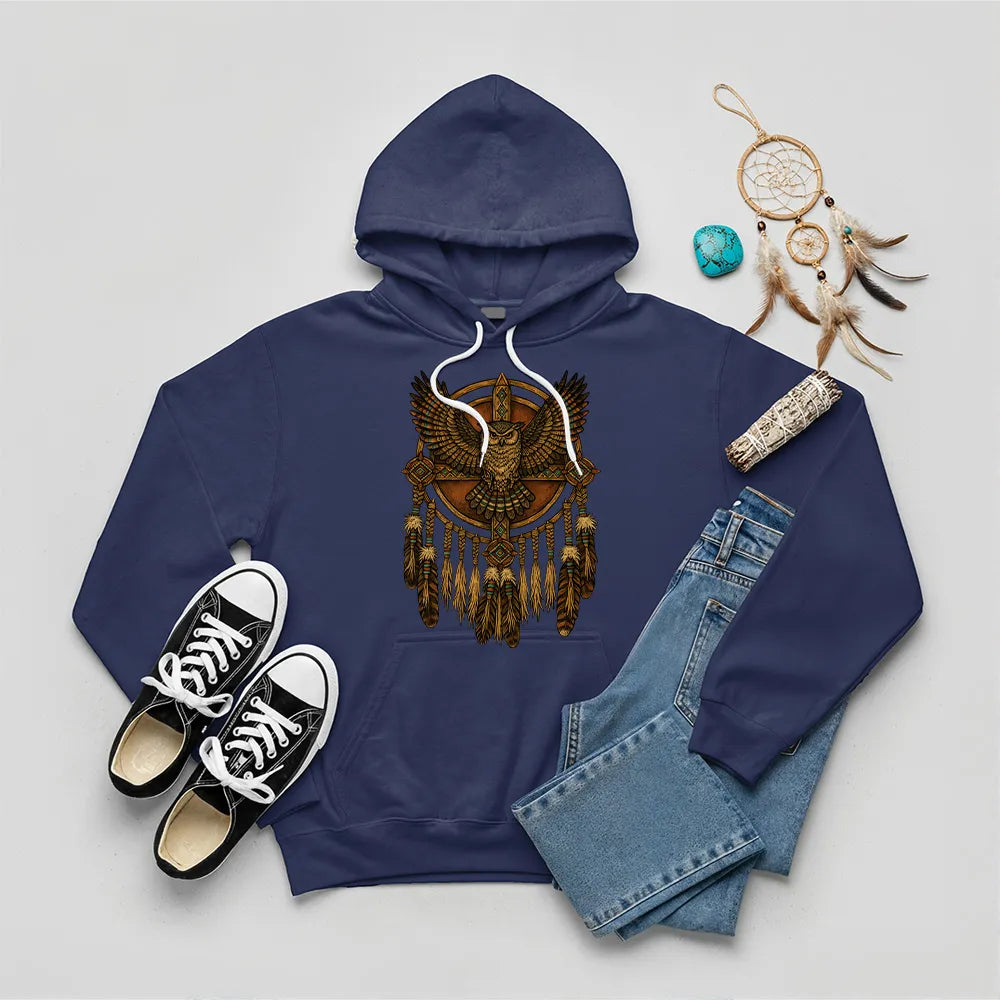 Navy hoodie featuring an owl within a dreamcatcher design, inspired by Native American tribal art.