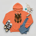 Orange hoodie with Native American-inspired owl and dreamcatcher artwork, symbolizing spiritual guidance.