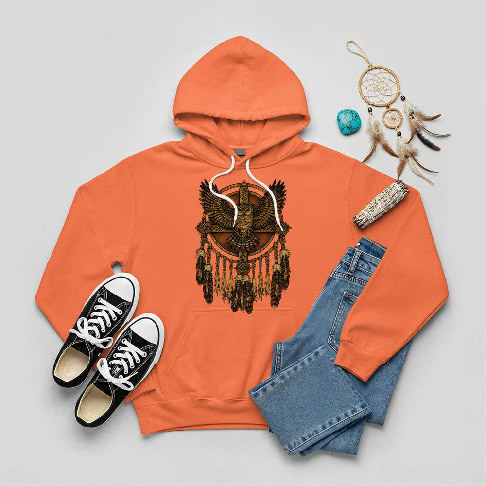 Orange hoodie with Native American-inspired owl and dreamcatcher artwork, symbolizing spiritual guidance.