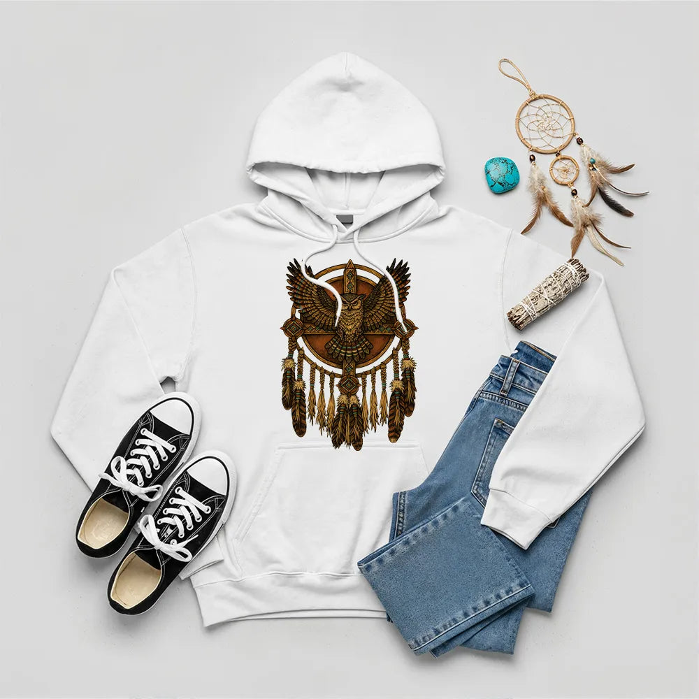 White hoodie with a tribal owl dreamcatcher design, reflecting Native wisdom and cultural heritage.