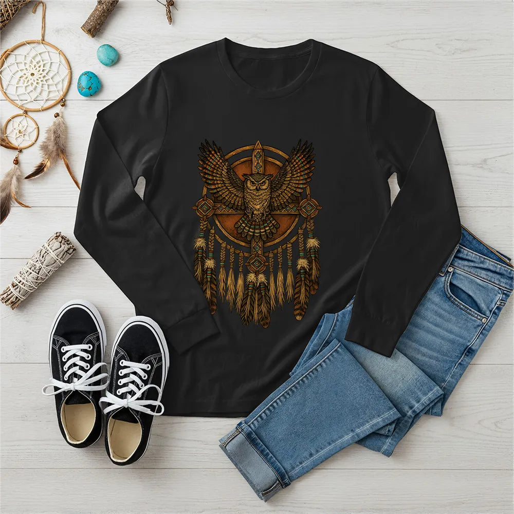 Black long sleeve featuring a detailed Native-inspired owl and dreamcatcher design for spiritual protection.