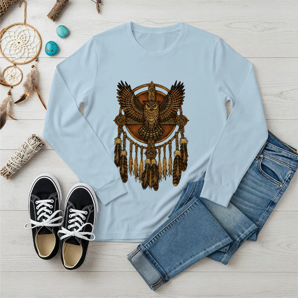 Red long sleeve featuring a Native-inspired owl dreamcatcher design, blending tribal and spiritual elements.