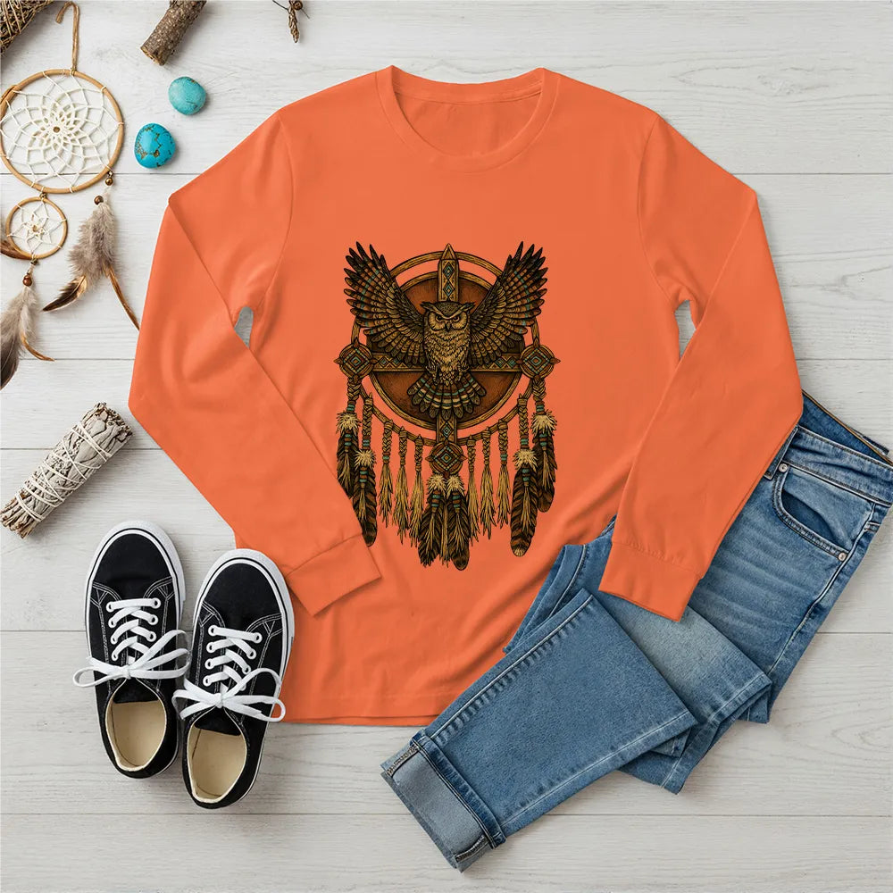 Orange long sleeve with Native American-inspired owl and dreamcatcher artwork, a symbol of spiritual guidance.