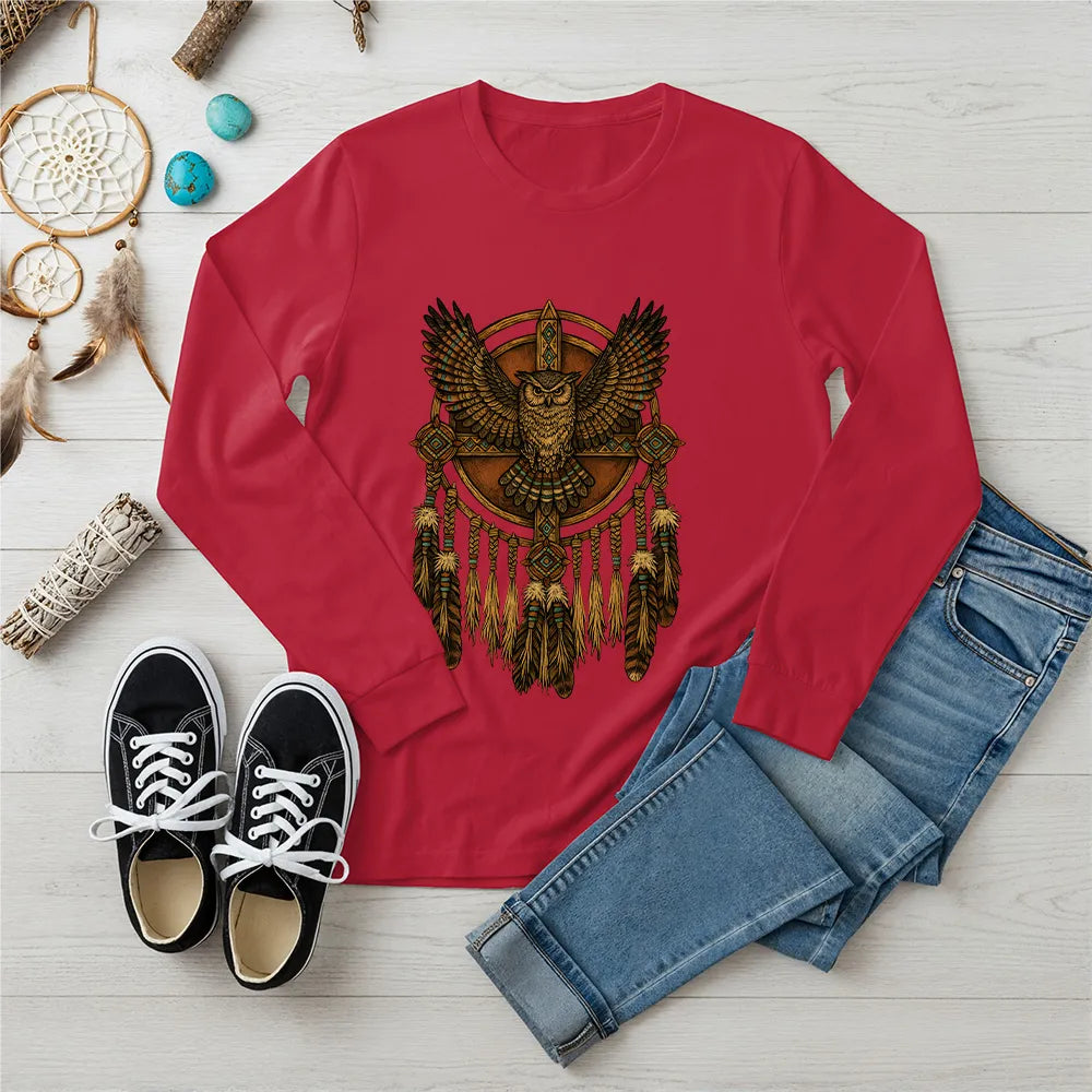 Red long sleeve featuring a Native-inspired owl dreamcatcher design, blending tribal and spiritual elements.