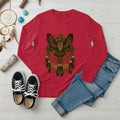Red long sleeve featuring a Native-inspired owl dreamcatcher design, blending tribal and spiritual elements.