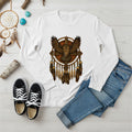 White long sleeve with a tribal owl dreamcatcher design, reflecting Native wisdom and cultural heritage.