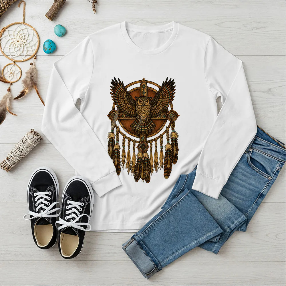 White long sleeve with a tribal owl dreamcatcher design, reflecting Native wisdom and cultural heritage.