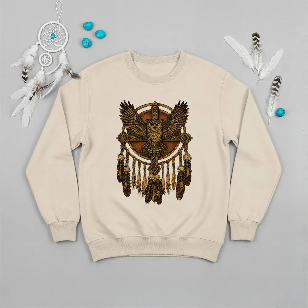 Beige sweatshirt featuring an owl and dreamcatcher design, embodying peace and cultural heritage.