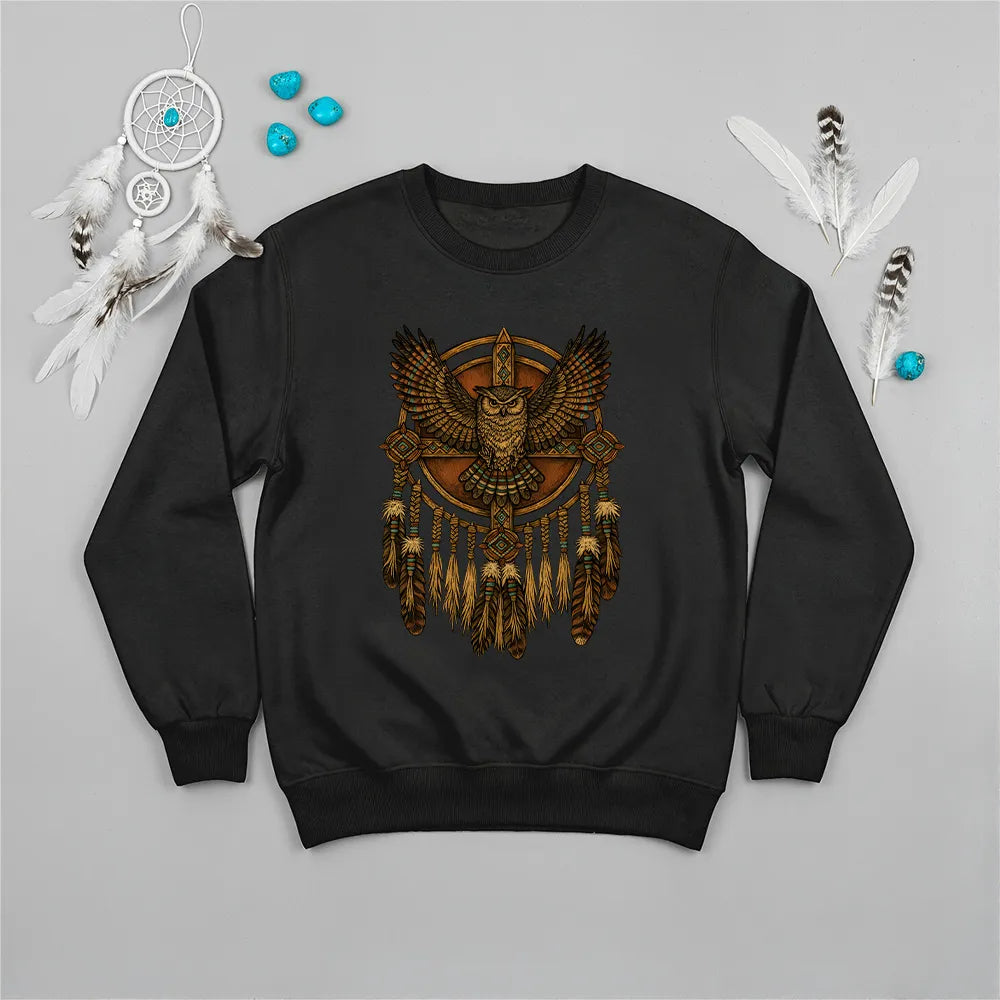 Black sweatshirt with a Native-inspired owl dreamcatcher design, providing spiritual protection.