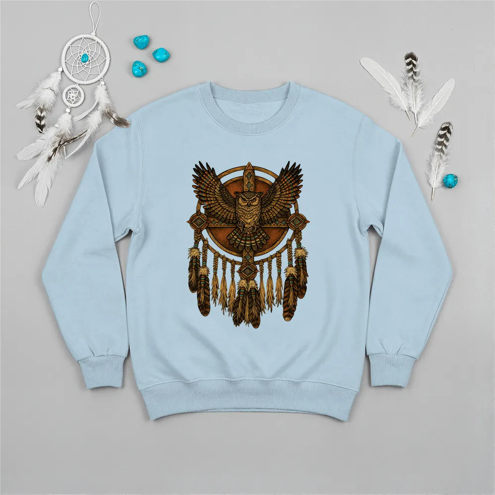 Red sweatshirt with a Native-inspired owl dreamcatcher design, symbolizing wisdom and protection.