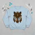 Blue sweatshirt featuring an owl within a dreamcatcher design, blending tribal art with spiritual meaning.