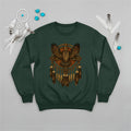 Green sweatshirt with an owl and dreamcatcher design, representing strength and guidance from Native traditions.