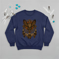 Navy sweatshirt with a tribal owl and dreamcatcher design, representing Native American culture.
