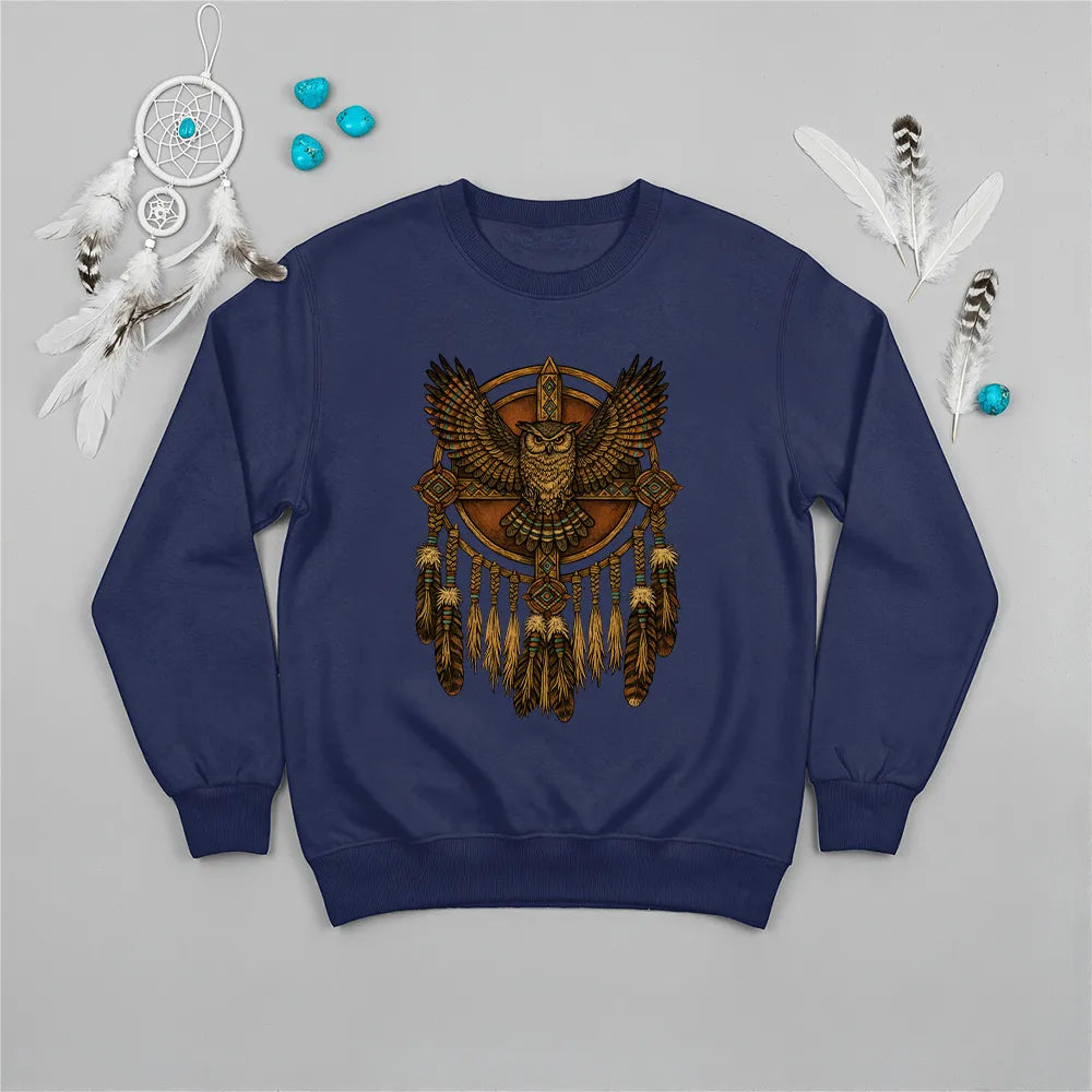 Navy sweatshirt with a tribal owl and dreamcatcher design, representing Native American culture.