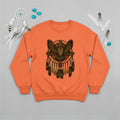 Orange sweatshirt featuring a Native American-inspired owl and dreamcatcher design, symbolizing guidance and protection.